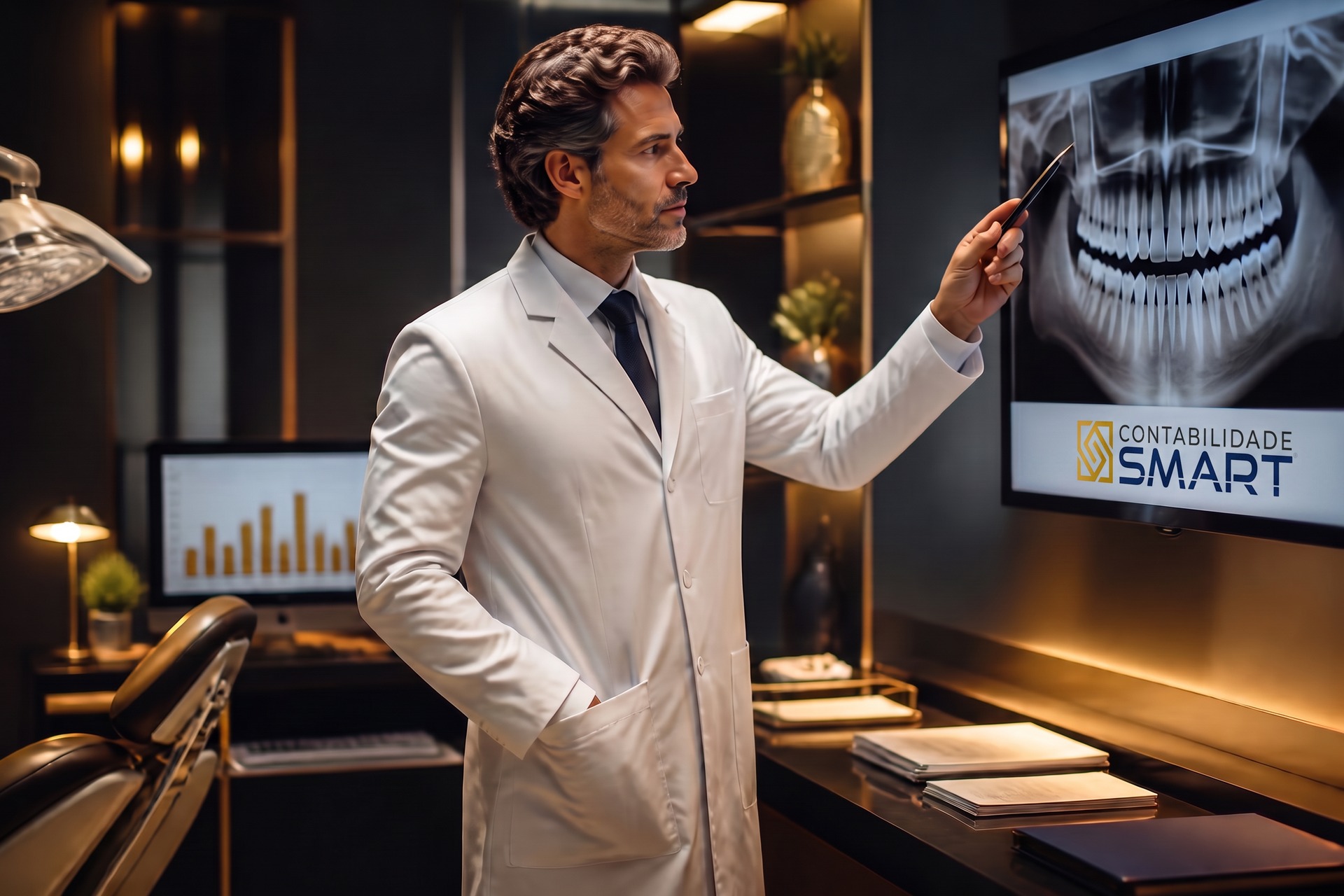 Dentista analisando raio-x em consultório moderno